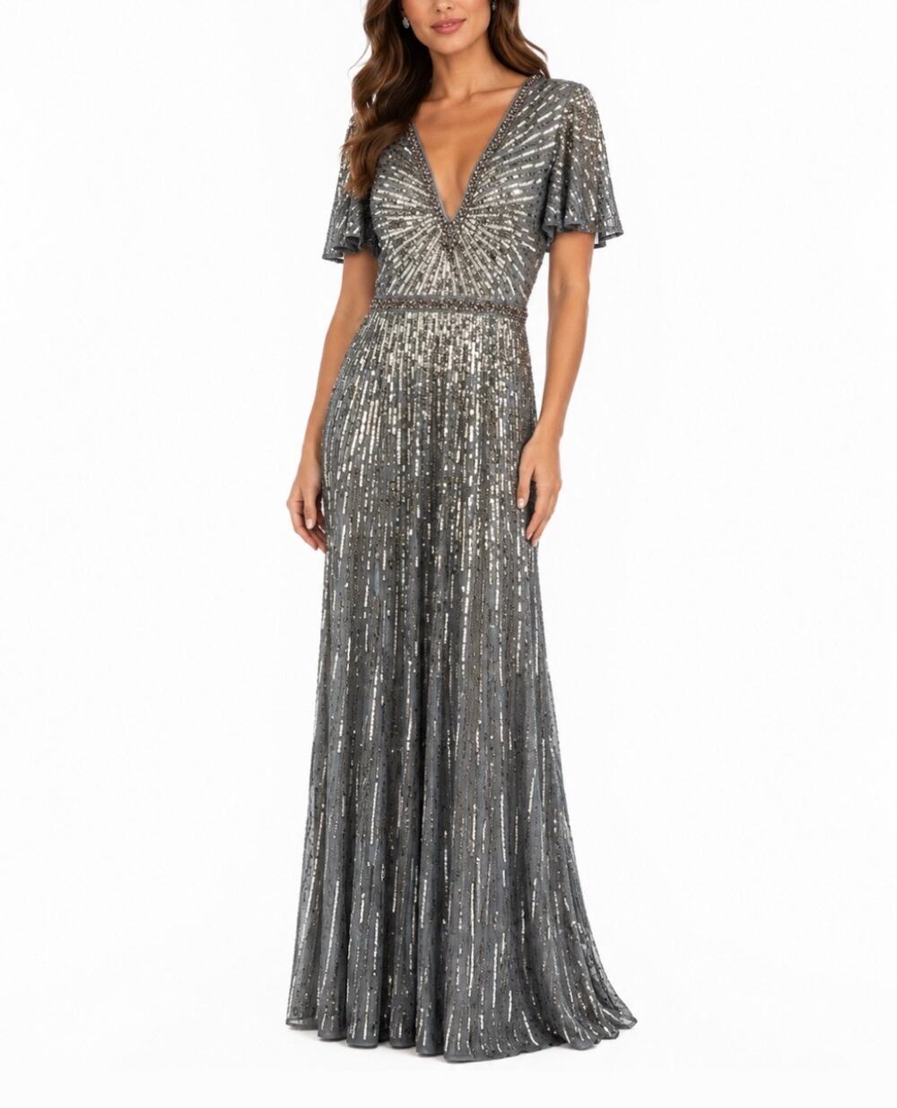 Mac Duggal 5538 Silver Evening Gown Sequined Short Sleeve A-Line Dress Size 6